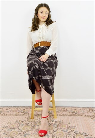 VINTAGE 90S CLASSIC BROWN CHECKED HIGH WAISTED MIDI SKIRT