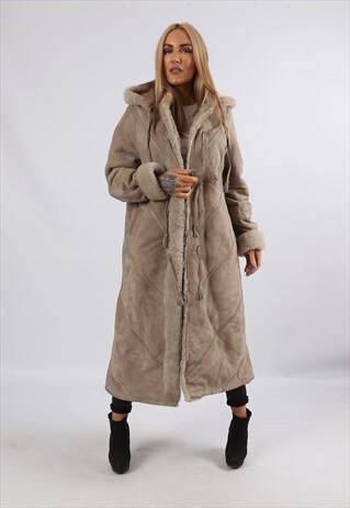 VINTAGE SHEEPSKIN SUEDE SHEARLING COAT LONG HOODED 12 (J4R)