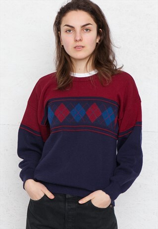 VINTAGE NAVY BURGUNDY ROUND NECK KNIT JUMPER SWEATER