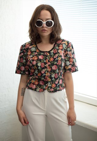 VINTAGE 70'S BLACK FLOWER PRINT CROPPED TOP