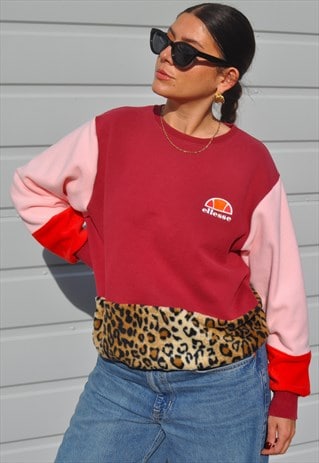 Y2K ellesse burgundy reworked leopard red fleece sweatshirt