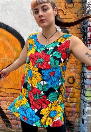 VINTAGE 80S TANKTOP IN RED BLUE YELLOW FLOWER PATTERN