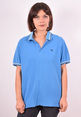 DIADORA WOMENS VINTAGE POLO SHIRT LARGE BLUE 90S
