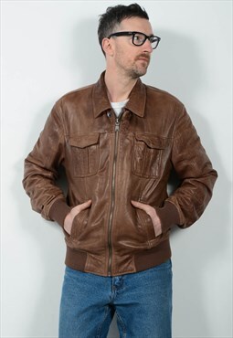 Vintage Leather Jacket Bomber Brown Unisex Size L