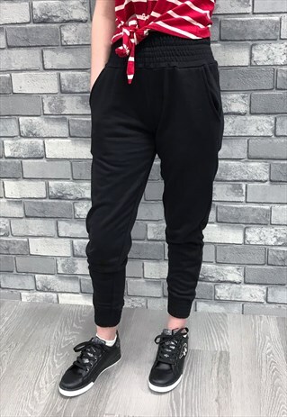 BLACK SHIRRED WAIST JOGGERS