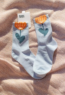 Blue Tulip Flower Illustrated Ankle Top Socks