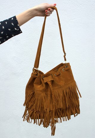 70S FRINGE CAMEL BROWN SUEDE BUCKET SHOULDER BAG