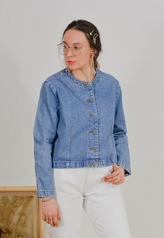 VINTAGE DENIM JACKET BLAZER BLUE JEANS WOMEN SILVER BUTTONS