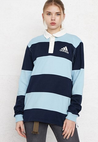 VINTAGE BLUE ADIDAS LONG SLEEVE STRIPED POLO SHIRT TOP