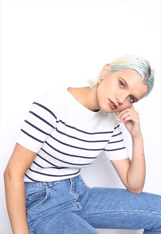 VINTAGE 90S NAVY WHITE BRETON STRIPED KNIT TOP