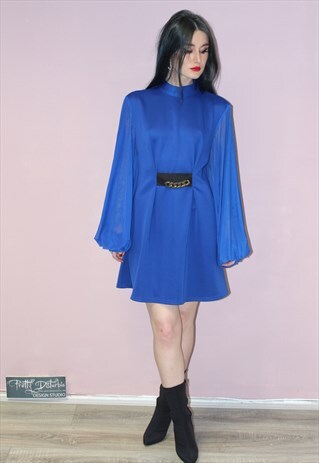 90'S VINTAGE ROYALBLUE HIGH NECK LONG FULL MESH SLEEVE DRESS