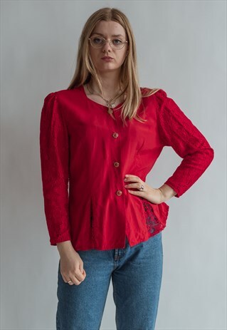 VINTAGE 80S PUFFER SLEEVE PARTY SHIRT WITH LACE INSERT