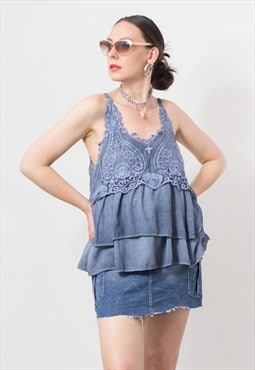 Y2K frilled camisole top laced layered blouse women