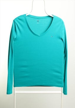 Vintage Tommy Hilfiger Long Sleeve V-Neck Logo Top Turquoise