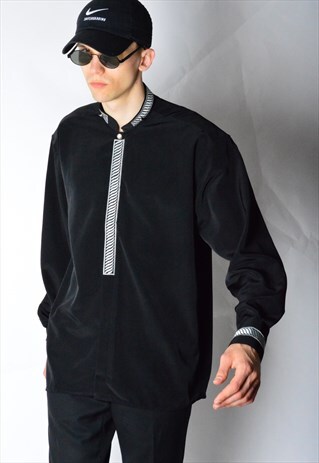 VINTAGE 70S BLACK EMBROIDERED SILK SHIRT