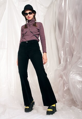 VINTAGE FLARE TROUSERS Y2K CORDUROY VELVET BLACK PANTS
