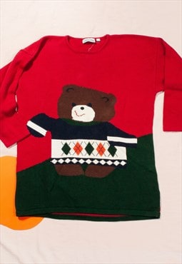 Vintage Knit Jumper 90s Xmas Teddy Bear Ugly Sweater