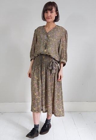 VINTAGE 80'S BROWN FLORAL BUTTON UP TOP DRESS
