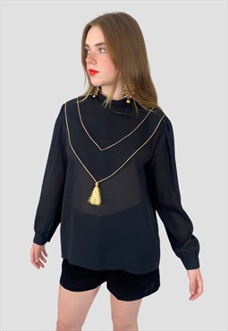 70's Vintage Black Sheer Blouse Gold Trim Long Sleeve