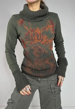 Vintage Y2k Knit Jumper Graphic Grunge Turtle Neck Khaki 90s