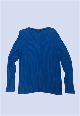 Deep Blue Cotton Thin Cable Knit Long Sleeve Casual Jumper