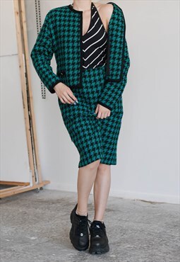 Vintage 80s Office Two Piece Houndstooth Green Skirt Suit