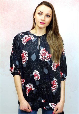 1980S VINTAGE JAPANESE BLACK WITH RED FLORAL BLOUSE