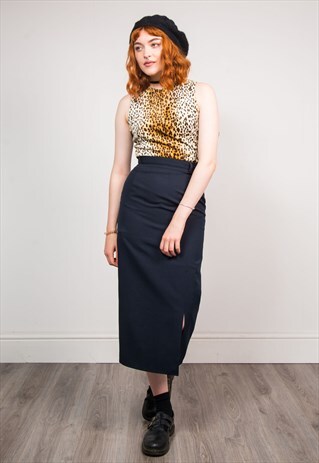 90'S VINTAGE DARK BLUE HIGH WAIST SMART MIDI SKIRT