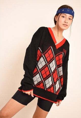 VINTAGE 80'S RETRO ARGYLE PATTERN KNIT OVERSIZED JUMPER
