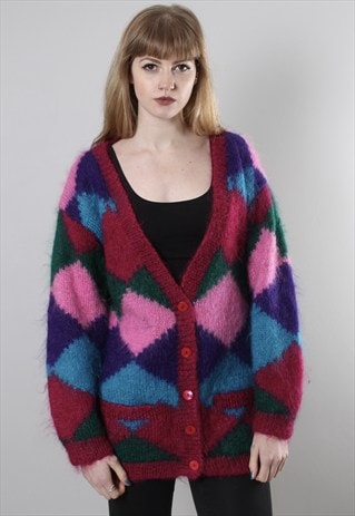 VINTAGE 80S BRIGHT DIAMOND PATTERNED MOHAIR LONG CARDIGAN