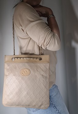 Chanel Quilted Leather Cream Shoulder / Tote Bag
