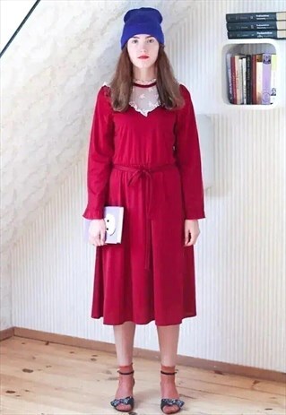 CHERRY RED LONG SLEEVE BELTED DRESS WITH WHITE CROCHET CHEST