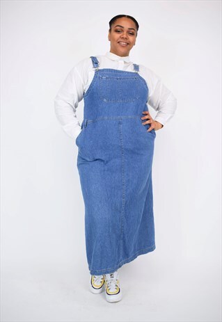 VINTAGE 90'S LONG DENIM PINAFORE DRESS WITH LARGE POCKET