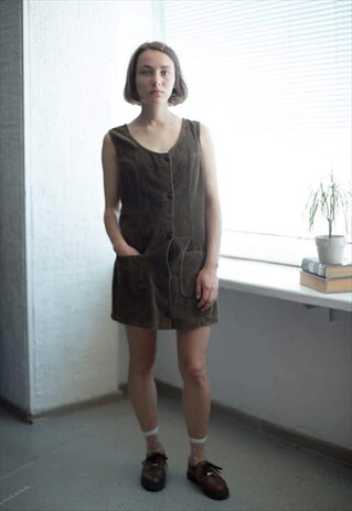 VINTAGE 70'S BROWN CORDUROY SLEEVELESS MINI PINAFORE