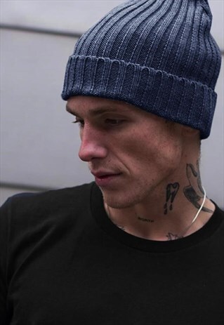 RIBBED FISHERMAN TRAWLER BEANIE HAT - OXFORD BLUE