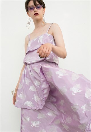 VINTAGE TWO PIECE DRESS LILAC CO-ORD TULIP PATTERN PURPLE