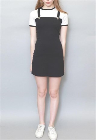 VINTAGE 1990'S BLACK AND WHITE PINAFORE BODYCON MINI DRESS