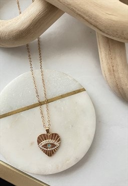 Gold Heart Blue Diamante Evil Eye Dainty Pendant Necklace