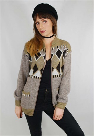 VINTAGE DIAMOND PATTERNED ZIP CARDIGAN GRANDAD JUMPER