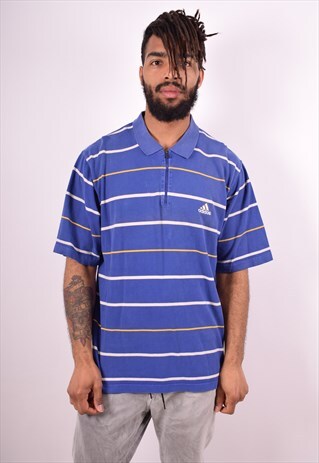 ADIDAS MENS VINTAGE POLO SHIRT XL BLUE STRIPES 90S