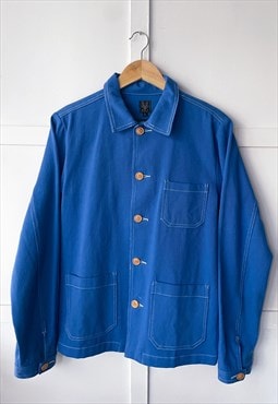 60s French Cobalt Blue Cotton Chore Workwear Jacket 