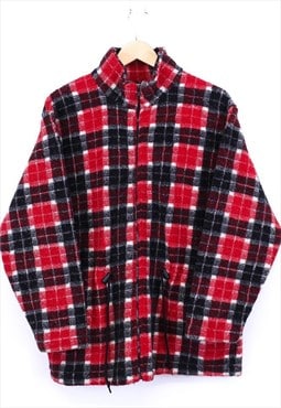 Vintage Fleece Sweater Red Black Check Zip Up With Toggles 