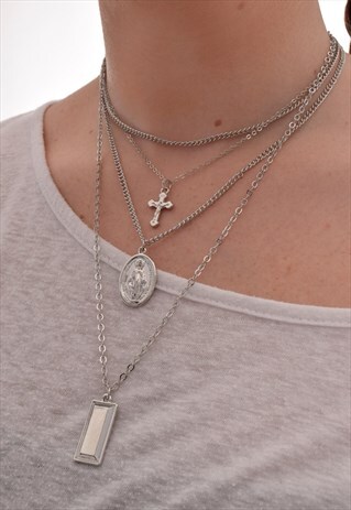 HALE MARY AND CROSS CHARM TRIPLE LAYERED NECKLACE