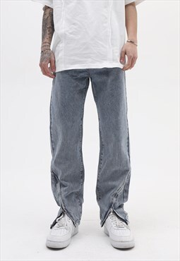 Front zipper jeans washed out denim pants in light blue