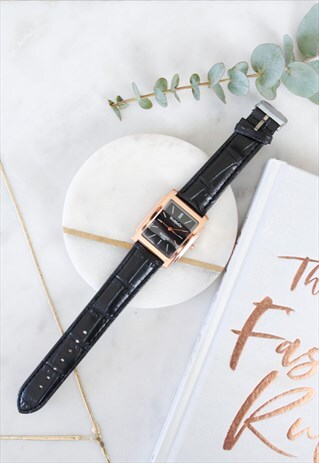 BLACK FAUX LEATHER SQUARE GOLD FACE LARGE WATCH