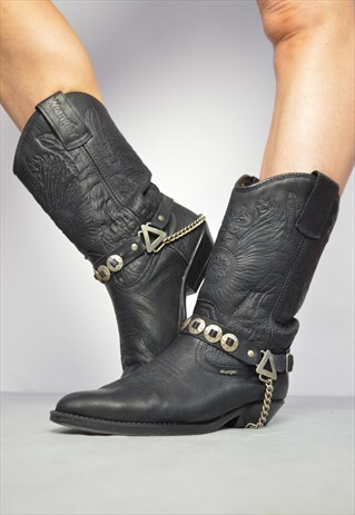 VINTAGE 90S WRANGLER BLACK TOOLED LEATHER COWBOY BOOTS BOHO