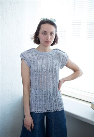 VINTAGE 80'S WOVEN SHORT SLEEVED TOP IN GREY