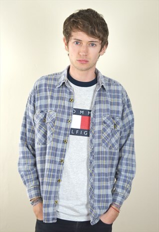 90S VINTAGE GREY & BLUE FLANNEL SHIRT