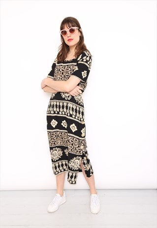 VINTAGE 90S BLACK HAWAIIAN PRINT MIDI DRESS