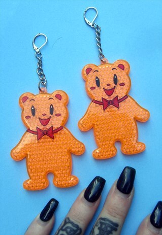 XXL NEON ORANGE REFLECTIVE BEAR FESTIVAL CHAIN EARRINGS